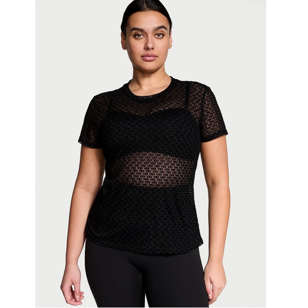 Victoria’s Secret VSX Black Sheer Mesh Logo Tee Y2K Fitted Top Size S - Picture 8 of 9